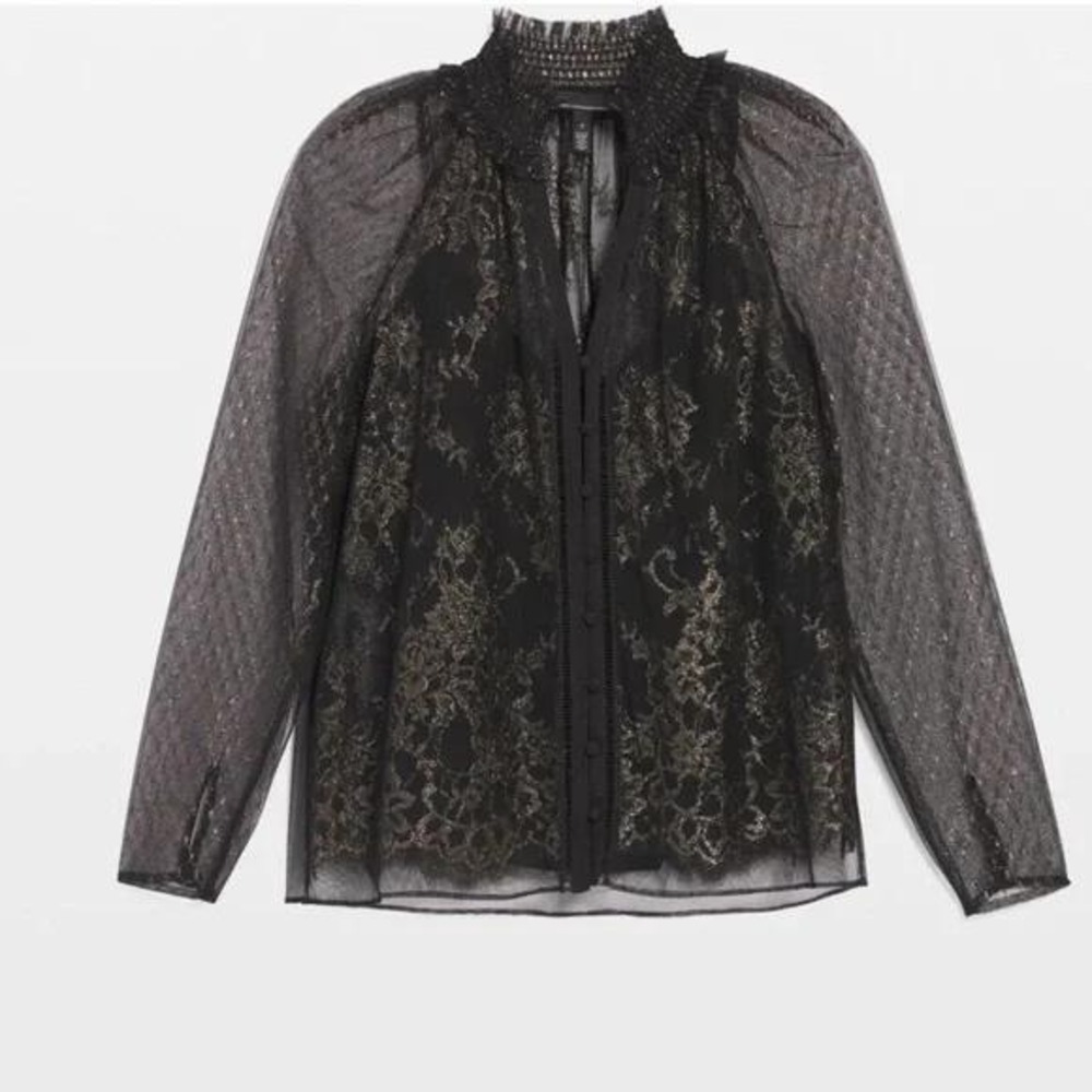NWT White House Black Market Black Gold Metallic Lace Smocked Neck Blouse 12 Y2K - Picture 2 of 14
